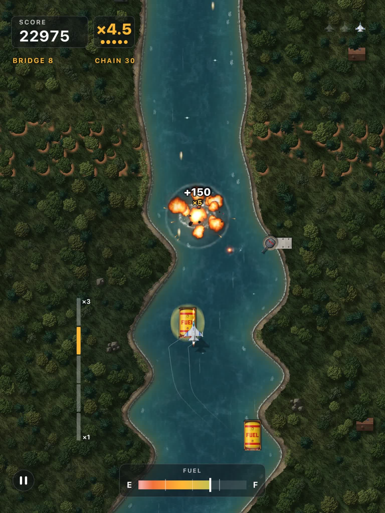 On iPad: the jet refuels over a depot in the green valley while a boat bursts into fire for +150 at ×5.