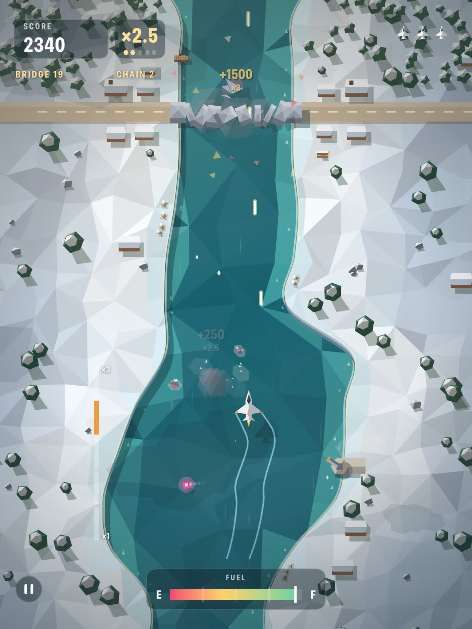On iPad: a bridge breaks apart in the arctic in the Low-poly look, with snowy banks and pines.