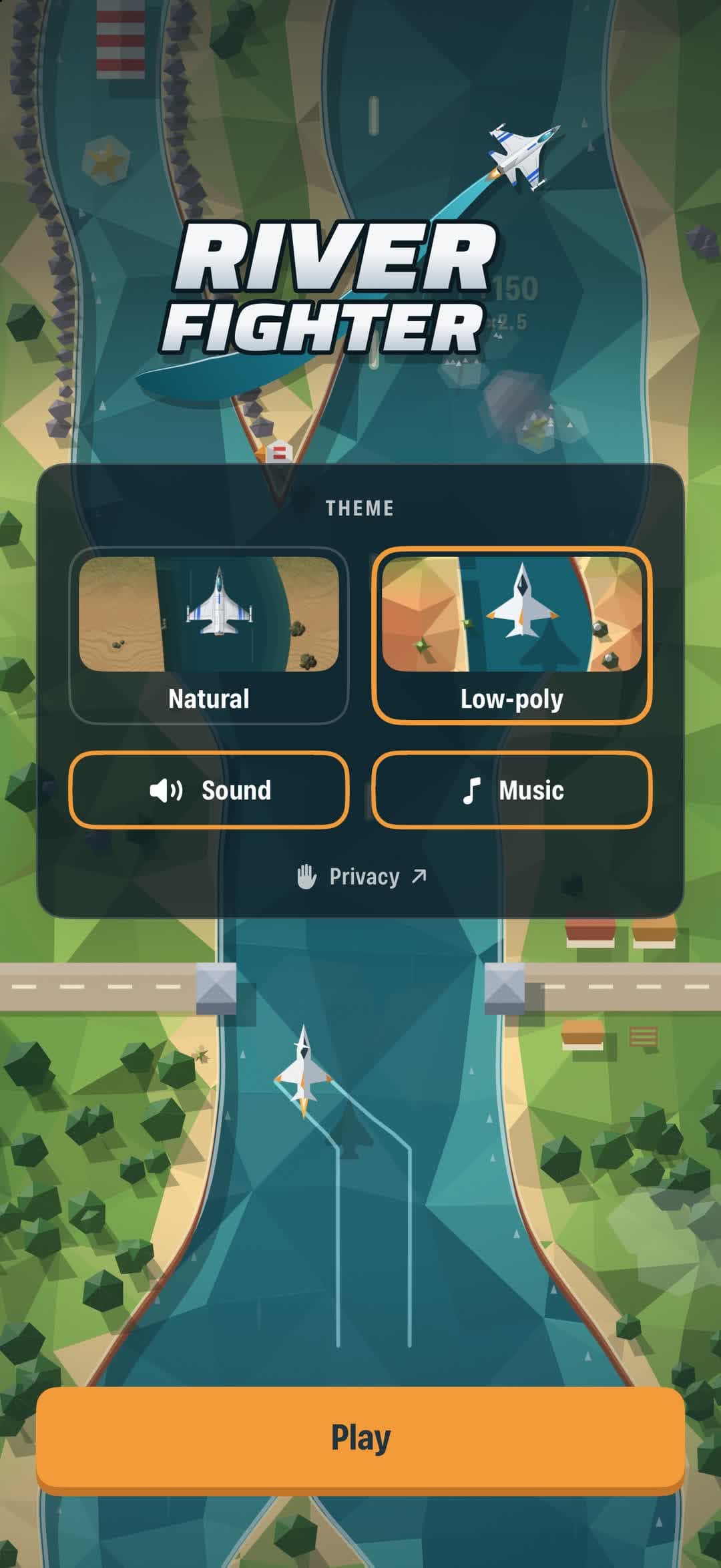 The menu with the logo, both themes' live tiles, the Sound and Music switches and the Play button.
