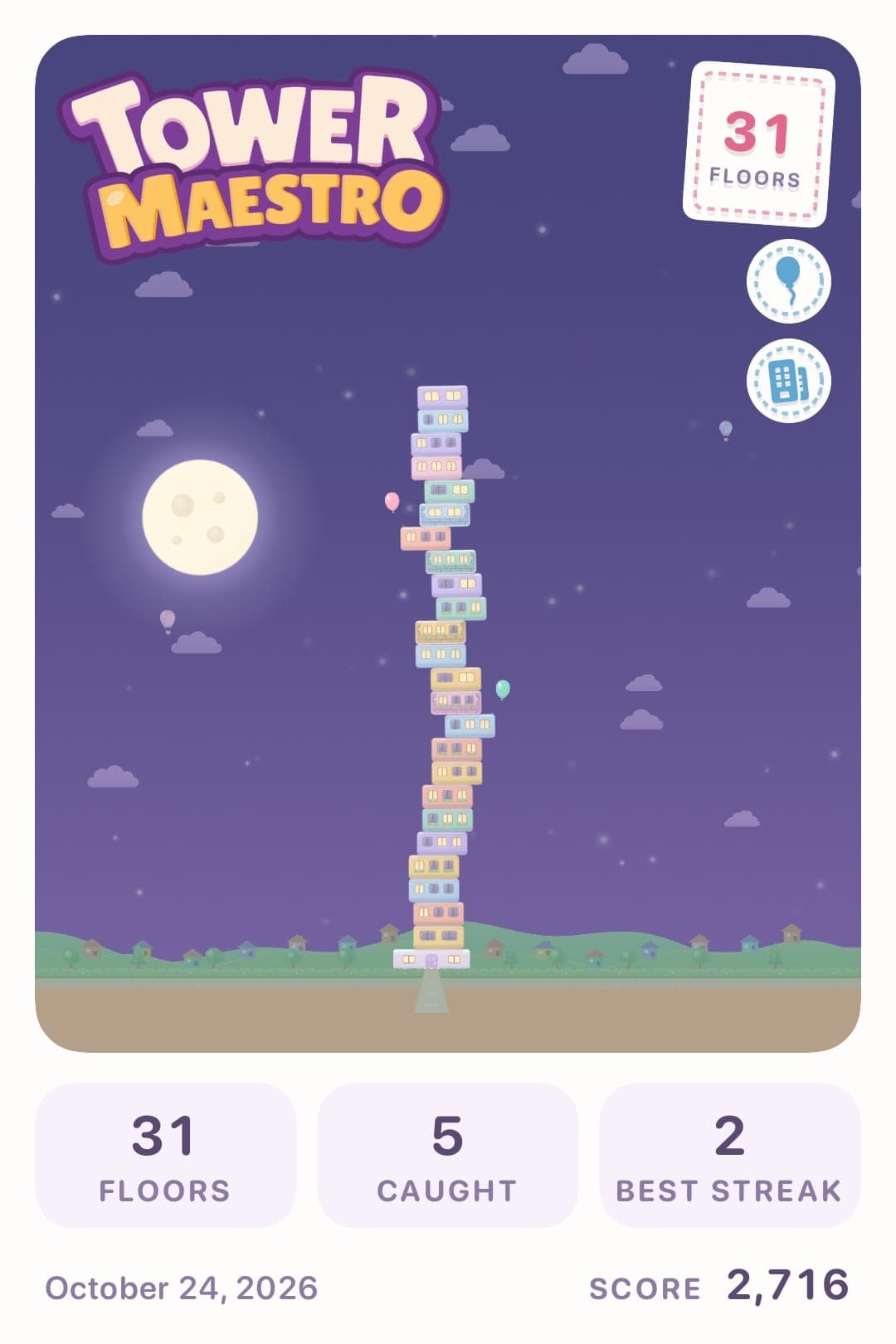 The shared postcard of a run: a 31-floor tower under the moon, 5 caught, a best streak of 2 and a score of 2,716.