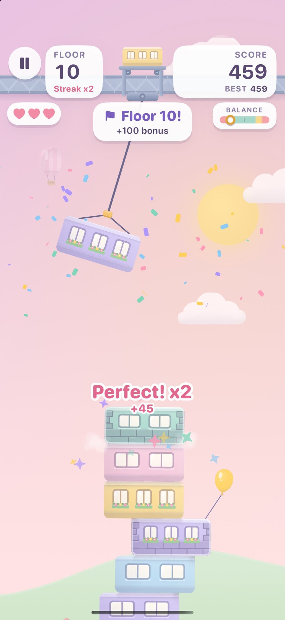 The Floor 10 milestone banner with confetti and a Perfect streak of two.